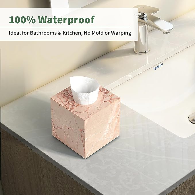 Real Natural Marble Tissue Box Cover, 5.5 Inch Square Marble Tissue Box Holder with Open Bottom, Heavy Stone Decorative Organizer for Bathroom Vanity, Kitchen Countertop, Luxury Home Décor
