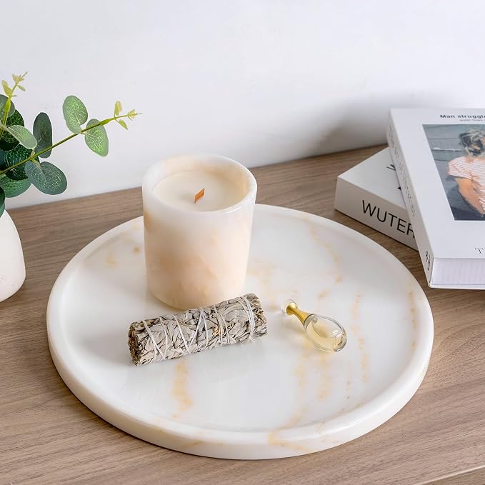 Karibiber Marble Serving Tray, 11.8in Round Vanity Tray for Bathroom Countertop, Calacatta White Candle Holder for Coffee Table/Kitchen, Stone Home Decorative Catchall Tray for Perfume