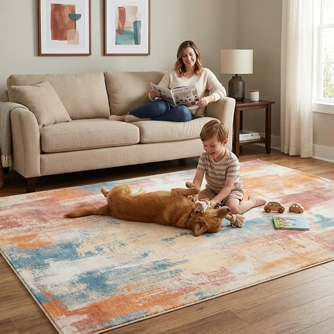 5x7 Terracotta Blue Beige Modern Abstract Brushstroke Area Rug | Washable non-slip low-pile faux cashmere rug for living rooms, bedrooms and home offices.