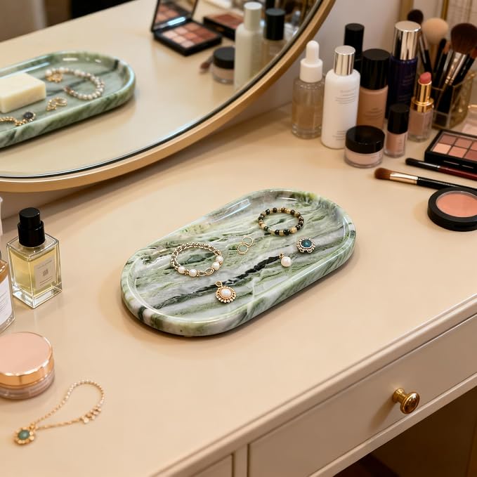 Green Marble Vanity Tray 9.8", Natural Stone Organizer for Bathroom | Luxury green marble tray, polished non-slip base, Perfect for jewelry, perfumes, décor. Unique pattern, ideal gift for her.