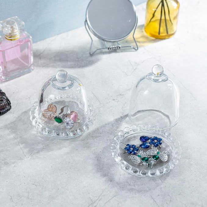 MyGift Set of 4 Mini Glass Cloche Domes with Scalloped Base – Small Round Display Covers for Trinkets, Keepsakes, Jewelry, Collectibles, Party Favors, Table Decorations, and Home Décor