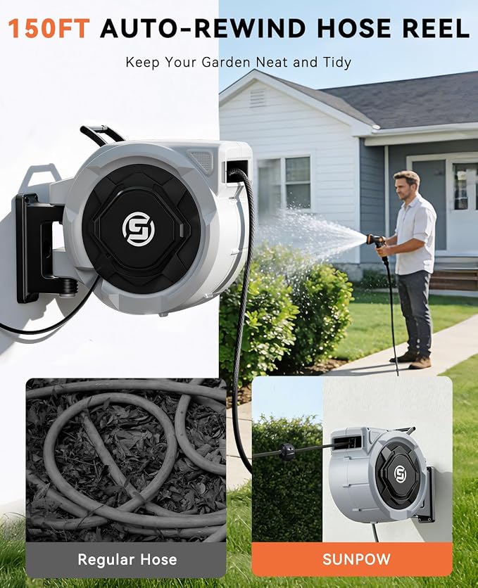 SUNPOW Retractable Garden Hose Reel - 1/2" x 150ft Wall Mounted Hose Reel with 3/4'' Brass Fitting & 10-Pattern Nozzle - Auto Slow Retraction, Any-Length Lock, 180°Swivel for Lawn & Gardening