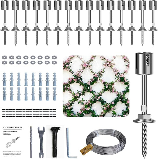 DOEWORKS 16 Set Wire Trellis for Climbing Plants Outdoor, Wall Wire Trellis Kit with 1/8 in x 80ft Stainless Steel Cable, Espalier System for Fence and Garden DIY Projects