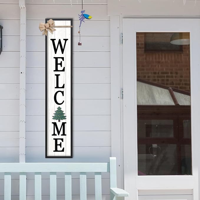 Interchangeable Welcome Sign for Front Door Standing, 45"X9" with 12 Pcs Replaceable Icons Rustic Outdoor Tall Front Porch Farmhouse Outside Wreath Leaner Vertical Decor (Black)