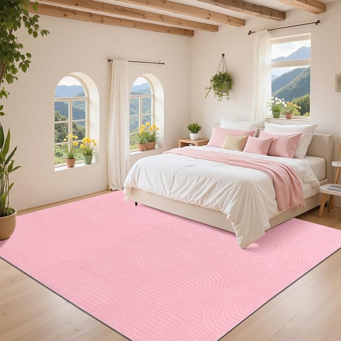 Pauwer 8x10 Area Rugs for Living Room, Modern Non Slip Washable Rug, Pink | Arch Pattern, Soft Fluffy, Neutral, Boho Accent, Solid Color Floor Carpet, For Kids Room Dining Room Nursery Entryway