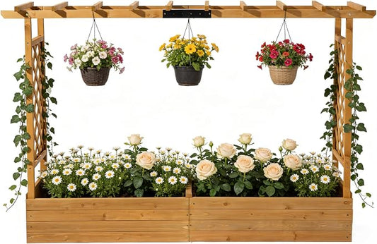 VINGLI Raised Garden Bed with Trellis & Hanging Roof, Wooden Planter Box with Drainage Holes for Outdoor Climbing Plants Vegetables Flowers, Patio Yard Balcony (Natural, Longer)