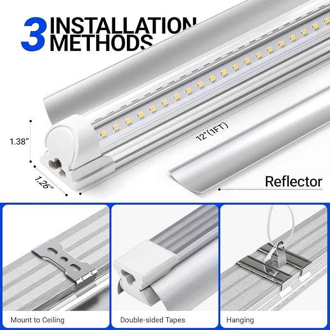 Barrina T8 1FT Grow Light, 5000K Full Spectrum, Linkable, High PPFD, 6-Pack | LED Grow Light Strips, 90W(6x15W), V-shaped Reflector, Hanging Plant Lamp for Seed Starting, Greenhouse, and Indoor Plants