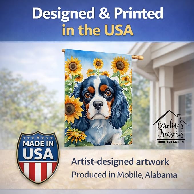 Caroline's Treasures DAC6049CHF Cavalier Spaniel in Sunflowers House Flag Large Porch Sleeve Pole Decorative Outside Yard Banner Artwork Wall Hanging, Polyester, House Size, Multicolor