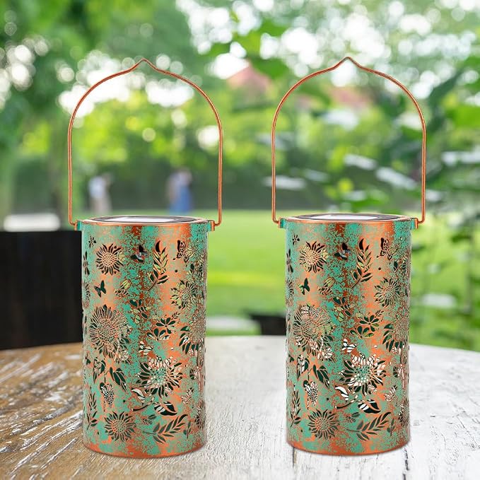Solar Lanterns Outdoor Waterproof,Hanging Solar Lights for Garden Decor Outside,Sunflower Gifts for Women,Metal Lanterns Decorative Outdoor for Yard,Patio,Backyard,Porch-2 Pack