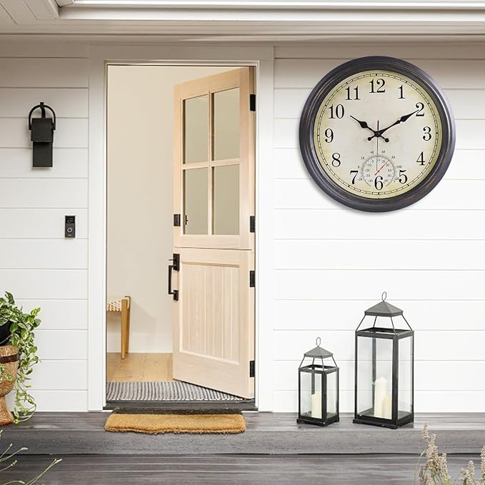 16 Inch Large Outdoor Clock, Waterproof Wall Clock with Thermometer, Battery Operated Silent Non-Ticking Vintage Wall Clock Quartz Round Clock Home Decor,Black Bronze
