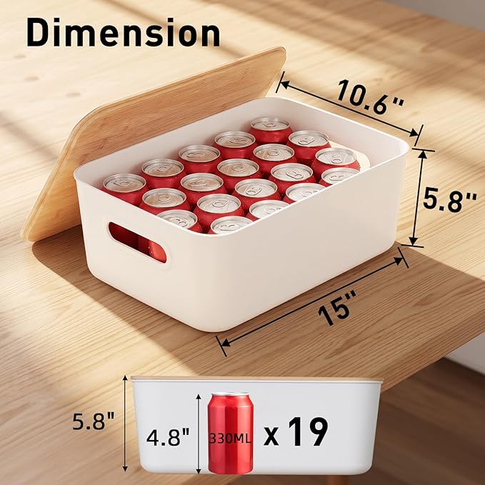 Citylife Storage Bins with Bamboo Lids 16QT Plastic Storage Containers Stackable Organizer Boxes with Handle for Desk Snacks, Toys, 4 PCS, 15" L x 10.6" W x 5.8" H