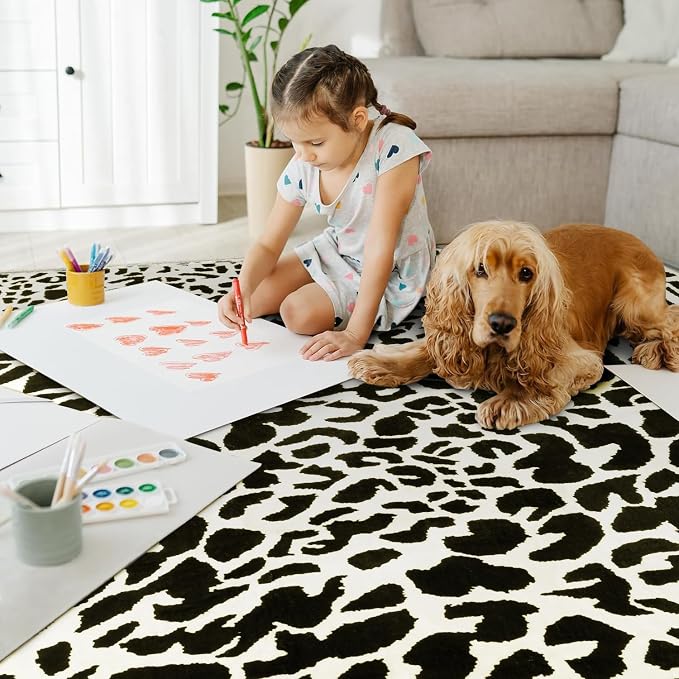 Leopard Rug for Living Room, 5x7 Black and White Cute Cheetah Print Rug Modern Washable Ultra-Thin Animal Printed Rugs for Bedroom, Girls Boys Dorm Room Nursery Room, Playroom