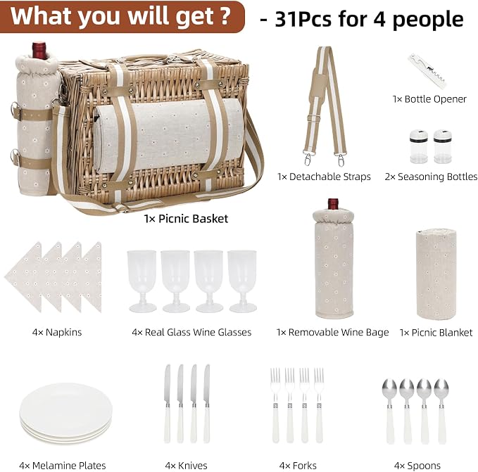 G GOOD GAIN 31Pcs Picnic Basket for 4 - Wicker Picnic Set with Waterproof Blanket & Wine Bag| Large Picnic Hamper with Insulated Cooler & Cutlery Kit for Couples Camping,White Flower,16x12x7.5inch