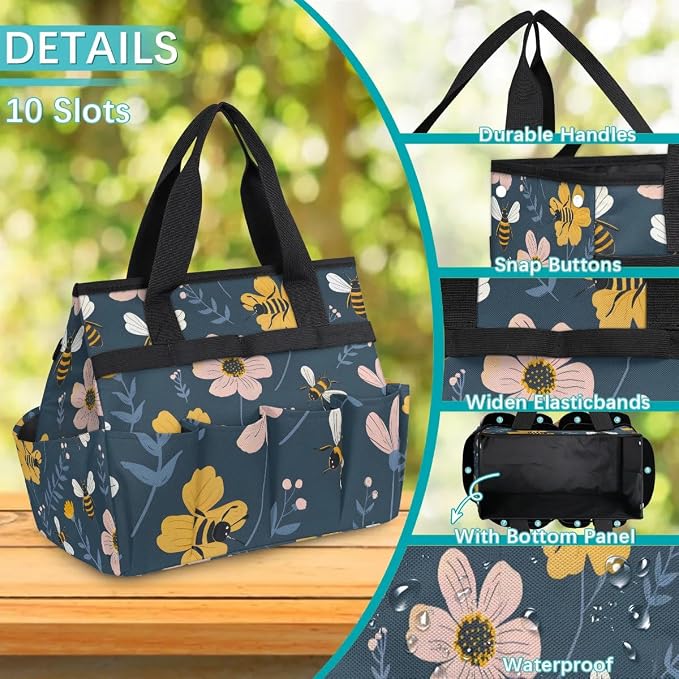 Garden Tote Bag with Pockets Bee Flower Gardening Bags for Tools Organizer Heavy Duty Storage Bag with Handle for Lawn Yard Casual