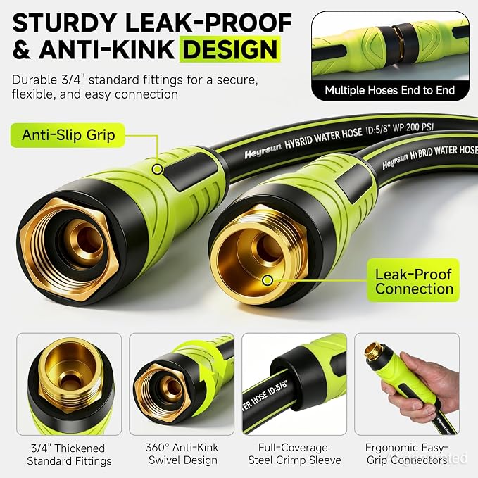 Garden Hose 75ft, Non-Expandable Heavy Duty Water Hose with 10 Function Sprayer, Flexible, Leakproof, Kink Resistant & Hybrid Hose for Yard, Outdoor, 600 PSI