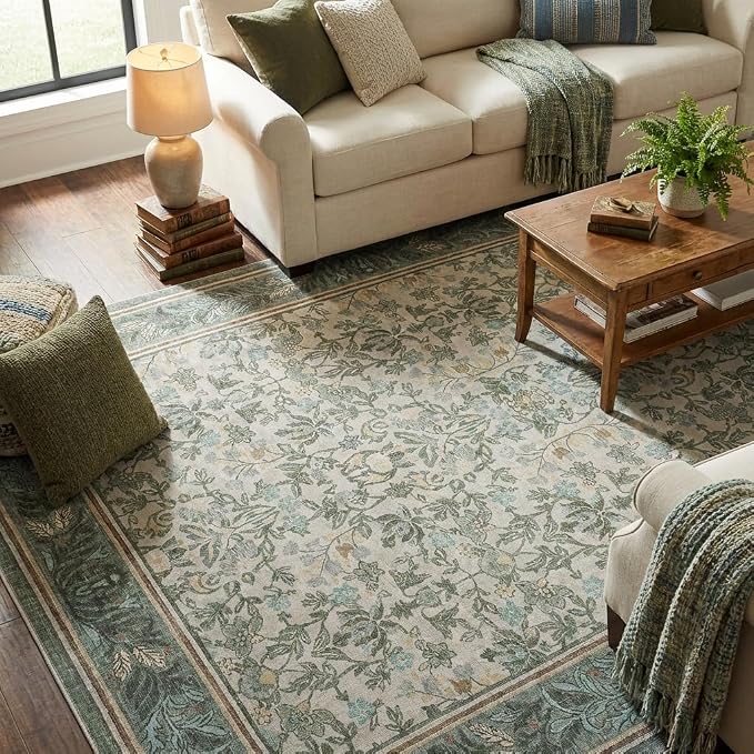 GarveeHome 5x7 Area Rugs for Living Room: Washable Bedroom Rug Sage Green | Boho Vintage Non Slip Soft Low Pile Stain Resistant Indoor Carpet for Farmhouse Dining Room Nursery Home Office