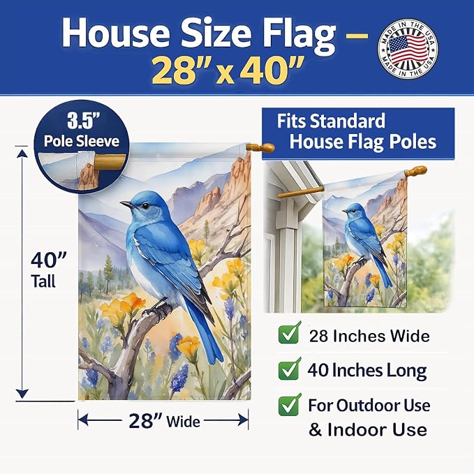 Caroline's Treasures Nevada Mountain Bluebird House Flag Large Porch Sleeve Pole Decorative Outside Yard Banner Artwork Wall Hanging, Polyester, House Size, Multicolor