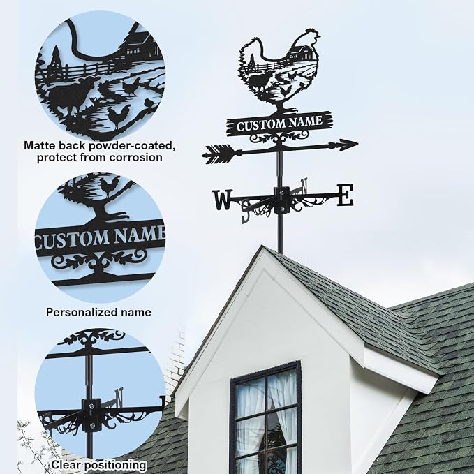 Personalized Metal Weather Vane, Custom Name Weathervane, Chicken Coop Signs, Weather Vanes for Outside, Wind Vanes for Farmhouse Yard Shed Decor, Housewarming Gifts Color01