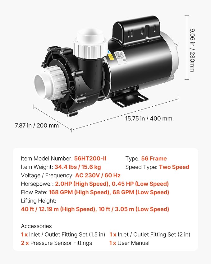 VEVOR SPA Pump 2HP Hot Tub Pump 2 Speed 56 Frame with 1.5" & 2" Port, 230V, 168 GPM High Speed & 68 GPM Low Speed, 90° Rotational Interface, SPA Bath Water Circulation, Compatible with OEM Models