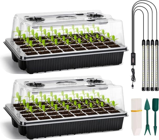 Seed Starter Tray Kit with Grow Lights, 2 Pack 80 Cells Seed Trays with Humidity Dome, Mini Greenhouse for Seeds Growing Starting Sprouting Germination