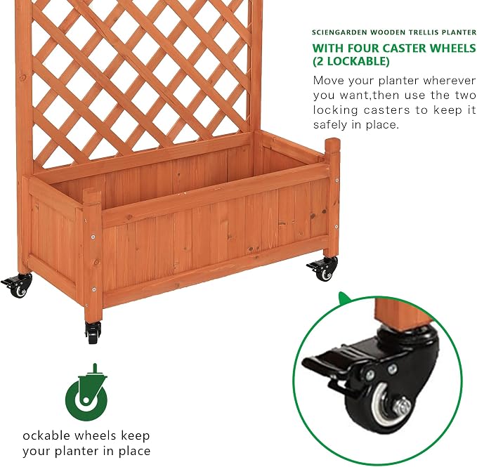 2 Pack Trellis Raised Garden Bed with Wheels, 38" Tall Wooden Planter Box with Trellis, Lattice Privacy Screen with Drainage Holes for Patio Balcony Garden