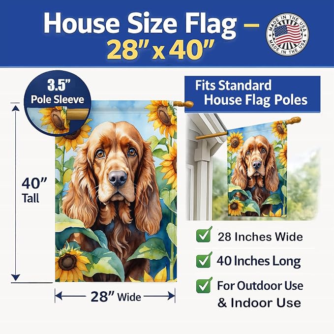 Caroline's Treasures DAC6059CHF Cocker Spaniel in Sunflowers House Flag Large Porch Sleeve Pole Decorative Outside Yard Banner Artwork Wall Hanging, Polyester, House Size, Multicolor