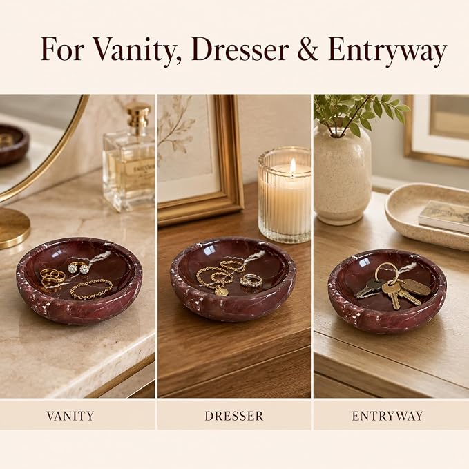 Purple Red Marble Decorative Bowl, 5.9 Inch | Natural Stone Bowl for Keys, Jewelry, Candle, Vanity, Dresser, Entryway and Coffee Table Decor