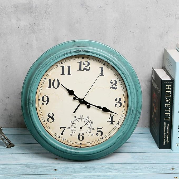 12 Inch Indoor/Outdoor Retro Waterproof Wall Clock with Thermometer,Vintage Battery Operated Silent Non Ticking Quartz Clock Wall Decorative for Kitchen/Bedroom/Living Room/Bathroom/Patio-Olive green
