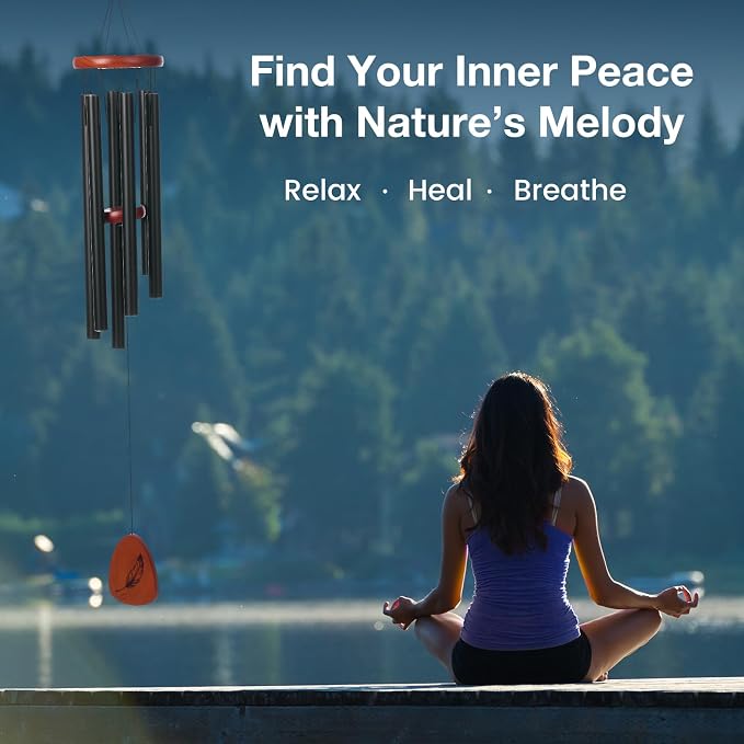 Sympathy & Memorial Wind Chimes for Outside – Deep Tone Aluminum Chimes with Mute Feature, Inspirational Quote, Feather & Dandelion Art Wooden Sail, Outdoor Garden Decor (Black, 37 Inch)