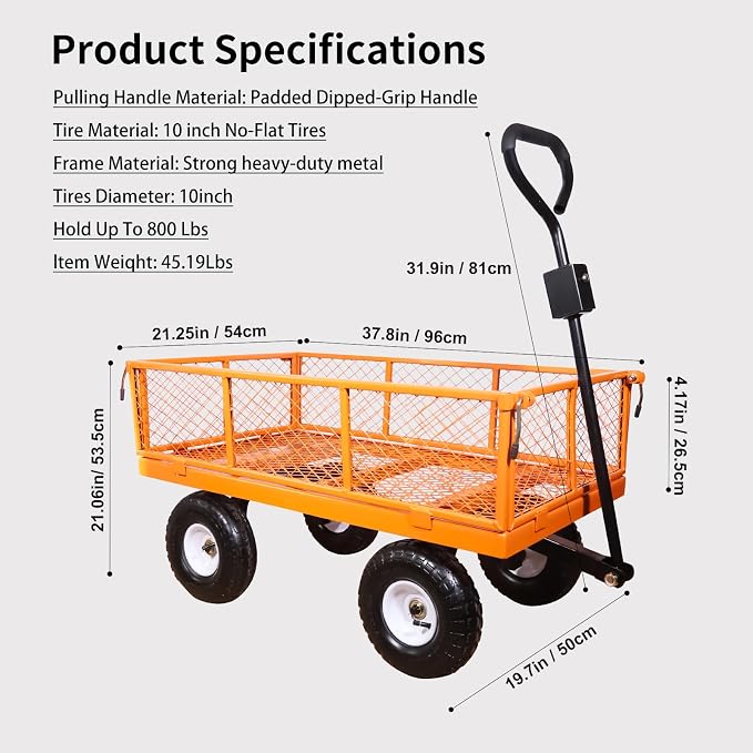 AAIN 1000 lbs Metal Garden Cart, Heavy Duty Garden Wagon with Removable Steel Mesh Sides, Utility Yard Carts with 180° Rotating Handle with 10 inch Wheels, 4cu.ft Load Capacity Outdoor Wagons