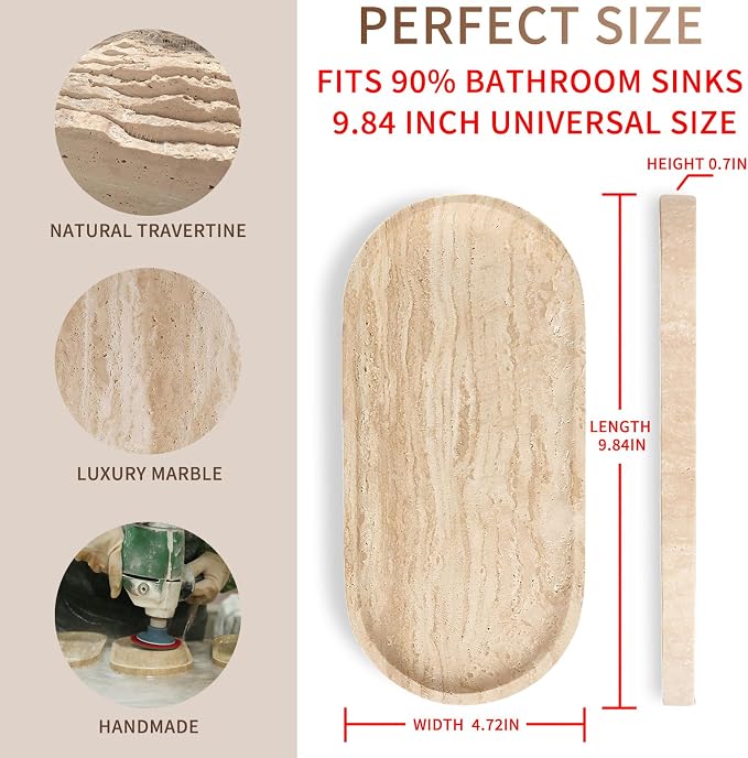 Travertine Vanity Tray for Bathroom Counter, 10"x5" Natural Marble Tray, Hand Polished, Perfume Organizer with Non-Slip Base, Candles, Stone Jewelry Dish (Travertine Beige, 9.8X4.7)