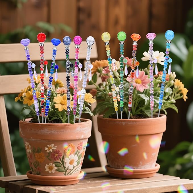 AIPRIDY DIY Crystal Beaded Fairy Wand Garden Stakes Kit, Colorful Decorative Wands with Assembly Guide, 12 or 10 Inch Threaded Rods,Outdoor Garden Decoration Set (390, Rainbow+Mixed Top)