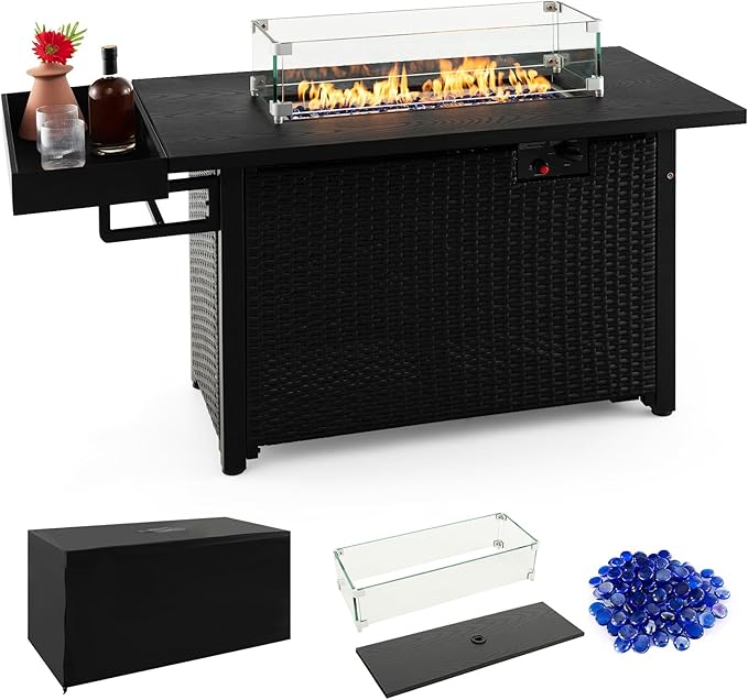 Tangkula Patio Propane Fire Pit Table, 52 Inch Wicker Gas Fire Pit with Wind Guard & Extended Shelf, 50,000 BTU Heat Output, Rectangular Fire Table with Blue Fire Stone & Waterproof Cover (Black)