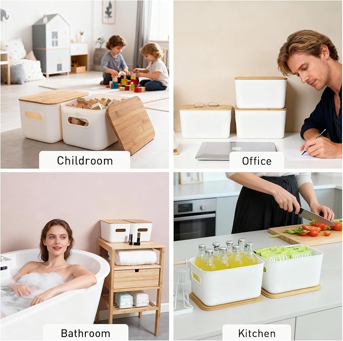 Citylife Storage Bins with Bamboo Lids 7QT Plastic Storage Containers Stackable Organizer Boxes with Handle for Desk Snacks, Toys, 4 PCS, 10" L x 7" W x 5.8" H