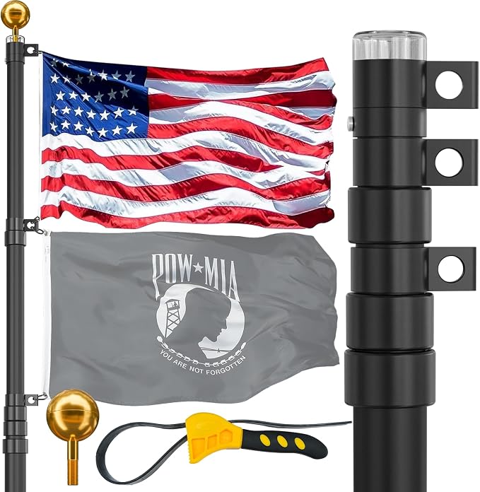 25FT Telescoping Flag Pole for Outside House, Extra Thick Telescopic Flagpole with USA Flag, Inground Outdoor Use, Camper RV, Residential & Commercial, Complete Hardware & Aluminum Top Ball (Black)