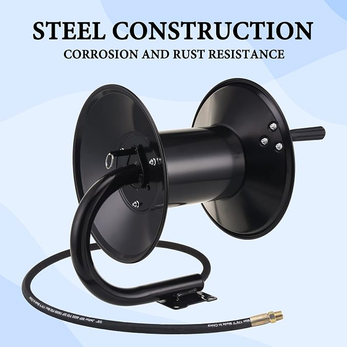 M MINGLE High Pressure Washer Hose Reel 150ft x 3/8" / 300ft x 1/4" | Heavy Duty Steel Hose Reel, Manual Crank Power Washer Hose Reel with Swivel Arm and Mounting Bracket, 4000 PSI