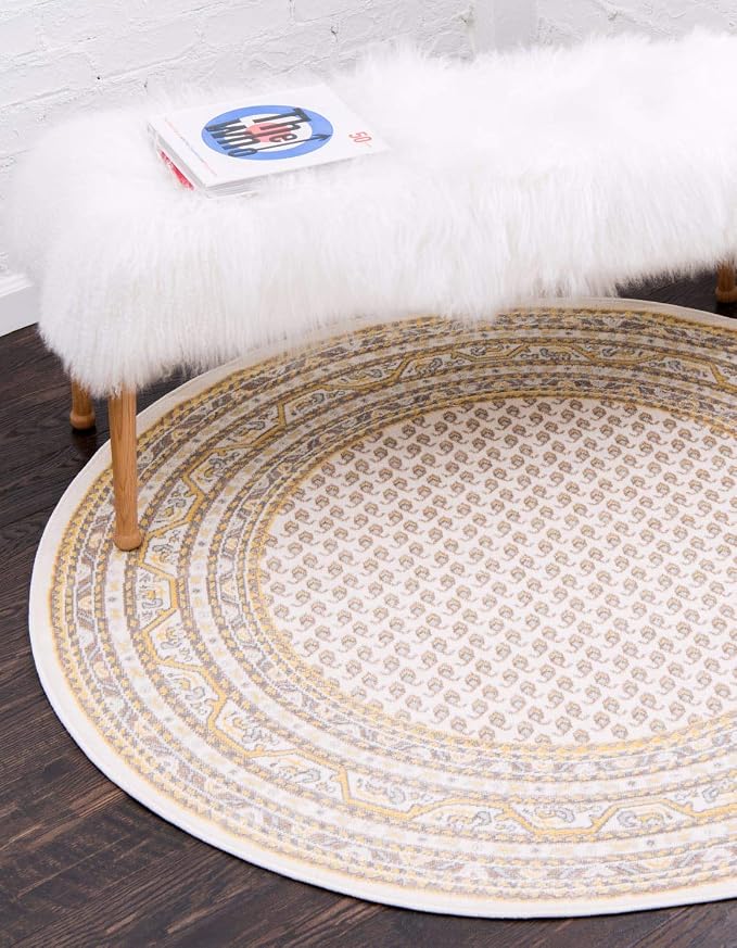 Unique Loom Williamsburg Collection Traditional Border with Dotted Center Area Rug, Round 5' 1" x 5' 1", Beige/Yellow