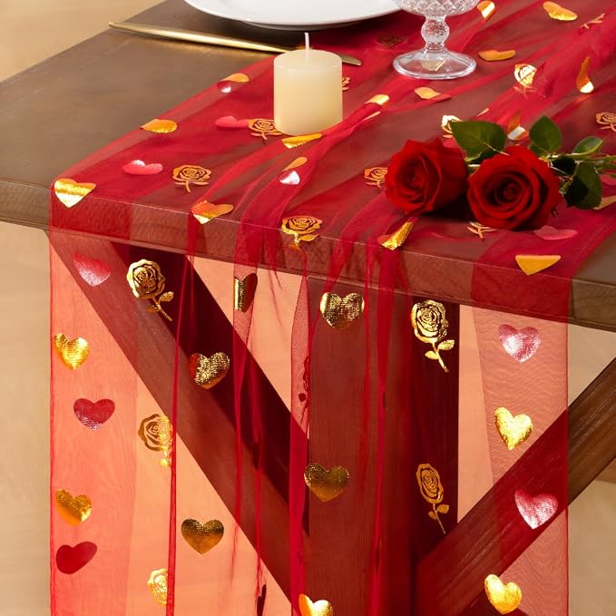 Socomi Valentine's Day Rose & Heart Table Runner Gold Gauze Sheer Romantic Sequin 10FT Glitter Metallic Foil Dining Wedding Birthday Party Baby Shower Holiday Centerpiece Table Decor Red