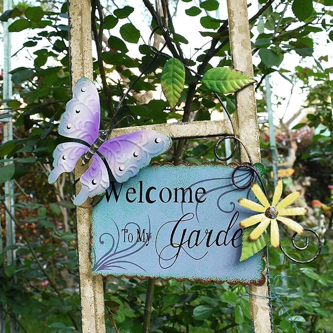 Linfevisi Metal Garden Welcome Sign Decor Rustic Hanging Plaque Decorative Garden Hanging Sign Garden Door Sign with Butterfly Daisy Outdoor Front Porch Yard 10 Inch (Blue, Green and Yellow)