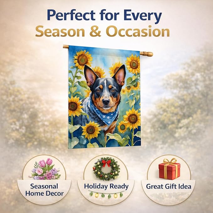 Caroline's Treasures DAC6013CHF Australian Cattle Dog in Sunflowers House Flag Large Porch Sleeve Pole Decorative Outside Yard Banner Artwork Wall Hanging, Polyester, House Size, Multicolor