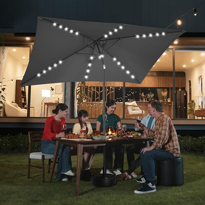 6.5x10 FT LED Lighted Rectangular Solar Patio Umbrella, Rectangular Solar Umbrella Outdoor with Center Ring Light 28 LED Lights, Rectangle Table Umbrella for Deck, Pool, Beach, Anthracite