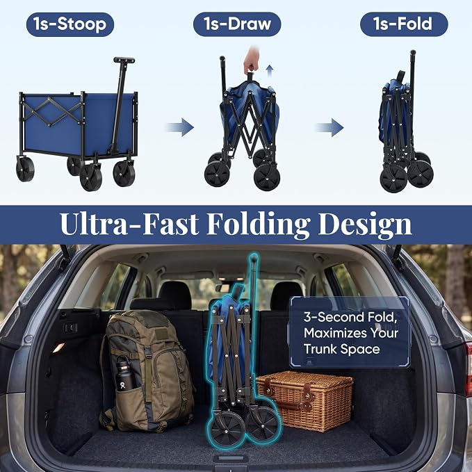 OLIXIS Collapsible Wagon Cart with Wheels 220 lbs Capacity, Heavy Duty Mini Foldable Portable Wagon with Adjustable Handle, Small Foldable Cart for Camping, Garden, Sports, Beach, Shopping - Blue