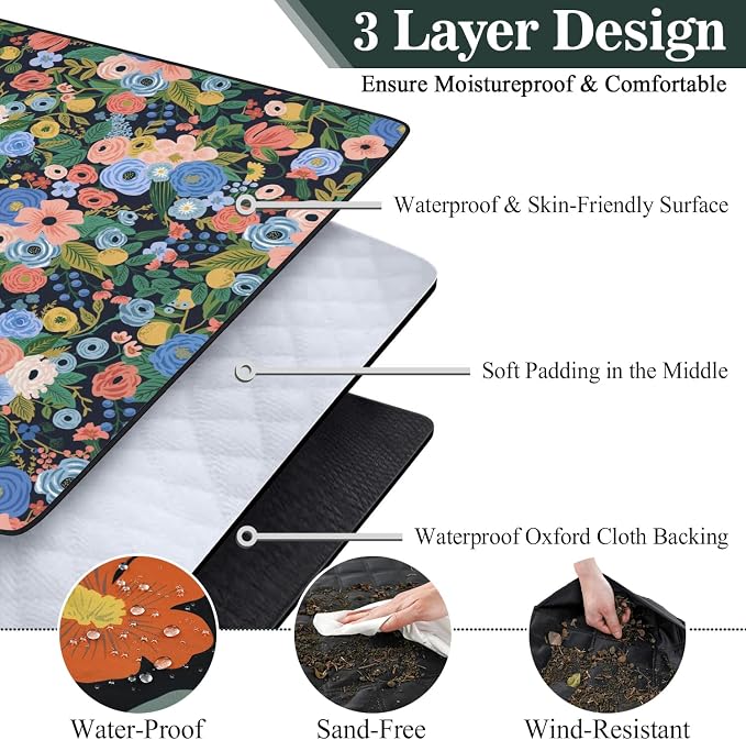 Picnic Blankets Waterproof Foldable Extra Large,80"x 80" Outdoor Beach Blanket Sandproof,3-Layer Lightweight Handy Mat Tote Picnic Camping Rugs for Outside Your Rv (Garden Party Floral Navy)