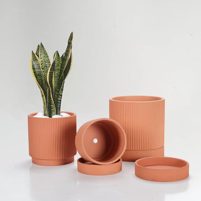 HERDUK Modern Terra Cotta Pots, 6 Inch 5.1 Inch 4 Inch Ribbed Textured Clay Planter Set with Drainage Holes & Saucers, Garden Pots for Indoor/Ourdoor Plants Succulent, Cactus & Herb