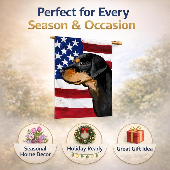 Caroline's Treasures CK6714CHF Smaland Hound Dog American Flag House Flag Large Porch Sleeve Pole Decorative Outside Yard Banner Artwork Wall Hanging, Polyester, House Size, Multicolor