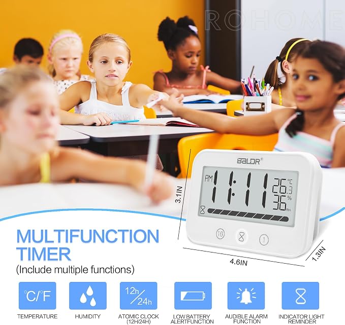 Rohome Waterproof Wall Hanging Timer Bathroom Clock, Large Digital Shower Mirror Suction Clock Thermometer Hygrometer, Visual Kitchen Cooking Countdown Timer, Bath Temperature Humidity Meter (White)