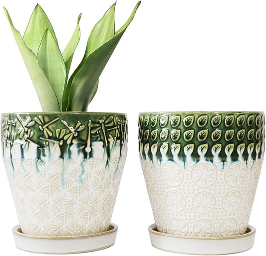 6 Inch Ceramic Planter Pots with Drainage Holes, Saucers and Mesh Pads for Indoor-Outdoor Plants, Succulent Orchid Flower Large Round Plant Pot, Set of 2 (Green+White)