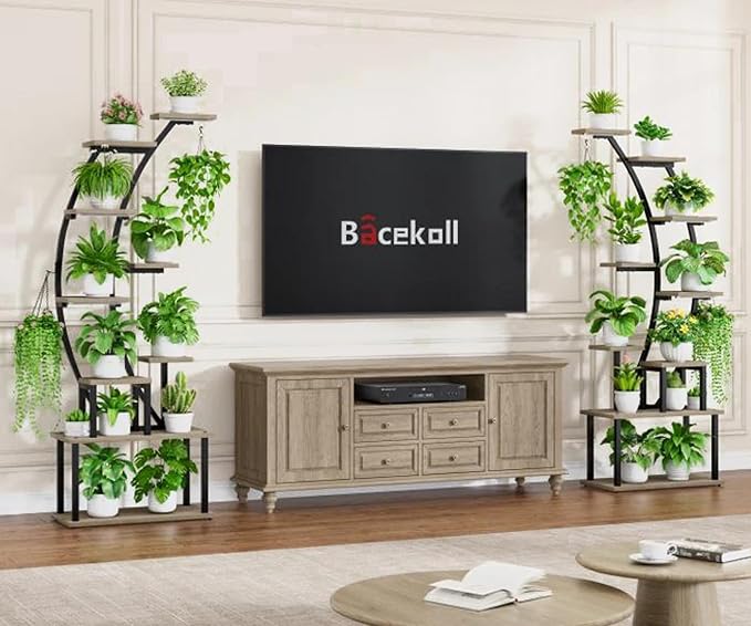 BACEKOLL Plant Stand Indoor with Grow Lights, 9 Tiered Metal Plant Shelf, 64" Tall Plant Stand for Indoor Plants Multiple, Large Plant Rack Display Shelf, Curved Plant Holder for Living Room, Grey