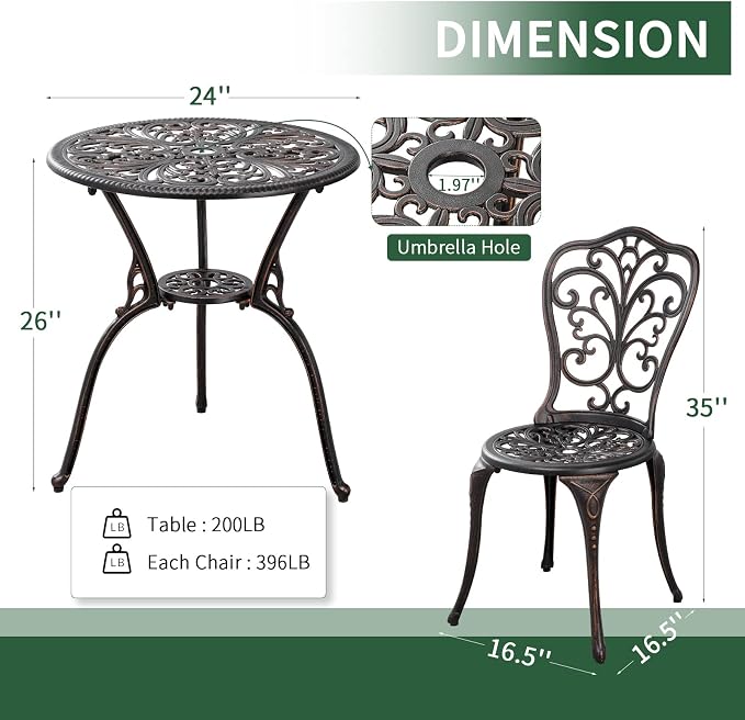 3 Piece Patio Set Outdoor Bistro Set,Cast Aluminum Bistro Table and Chairs Set of 2 with Umbrella Hole,All Weather Patio Bistro Sets for Front Porch Set Garden,Backyard(Brown)