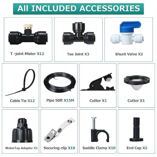GOTGELIF Misting System for Patio, 50FT Misting Line 12 Brass Misting Nozzles + 3/4" Faucet Adapters+ 2 Shut-Off Valves, Leak-Proof DIY Water Mister Kit for Patio, Garden, Gazebo, Greenhouse